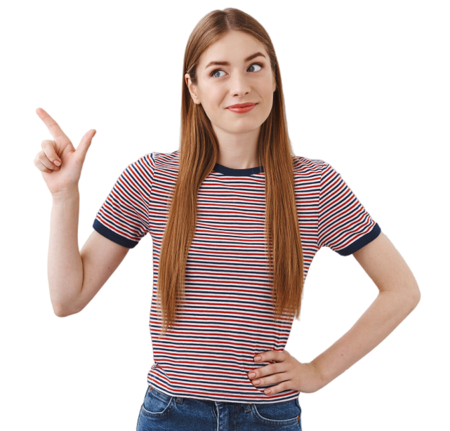impressed-enthusiastic-good-looking-caucasian-woman-striped-t-shirt-tilt-head-smirk-amused-pointing-looking-upper-left-corner-check-out-something-interesting-cool-white-background 1